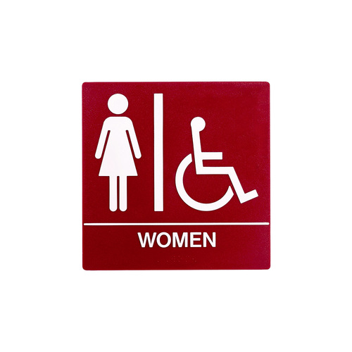 BCF SB443-RED 8 x 8 Women Door Sign With Braille & Handicapped Symbol