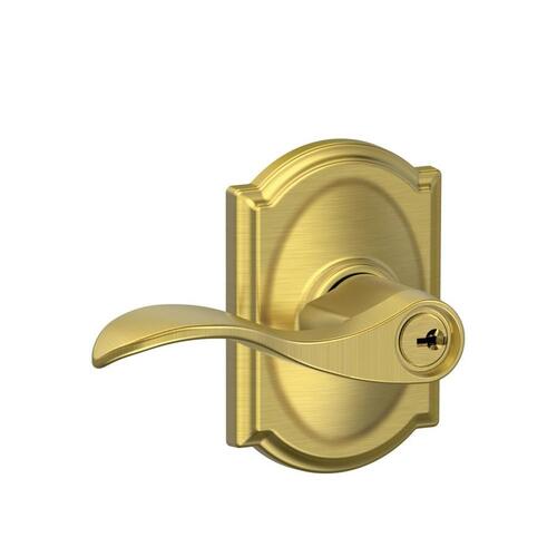 F51A Accent Keyed Entry Lever Lock with Camelot Trim Satin Brass