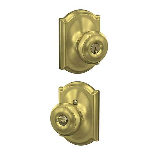 F51A Georgian Keyed Entry Knob Lock with Camelot Trim Satin Brass