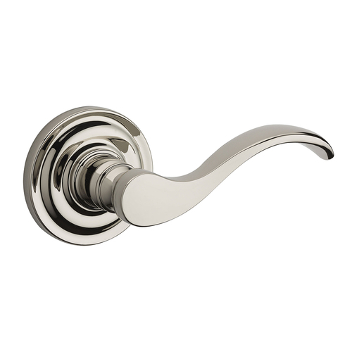 Privacy Right Hand Curve Lever and Traditional Round Rose with 6AL Latch and Dual Strike Lifetime Bright Nickel Finish