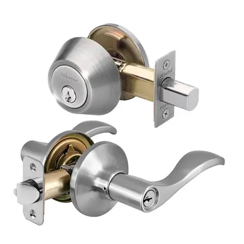 Wave Lever with Deadbolt Lockset Satin Nickel