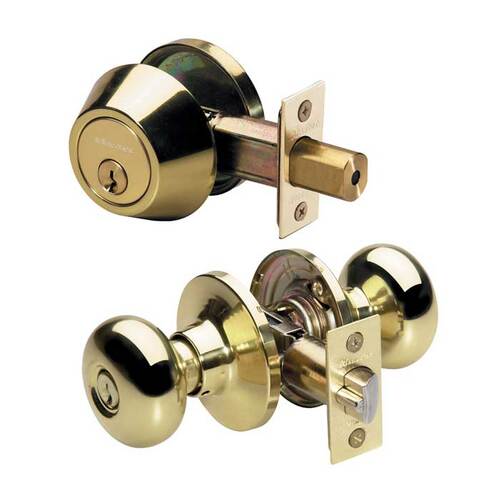 Biscuit Knob Entry & Deadbolt Combo Bright Polished Brass