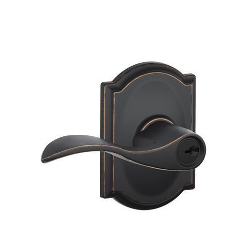 F51A Accent Keyed Entry Lever Lock with Camelot Trim in Vis Pack Aged Bronze