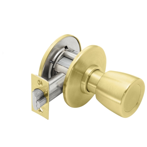 Exit Cylindrical Lock, 6 Knob, Non-Keyed, Satin Brass Finish