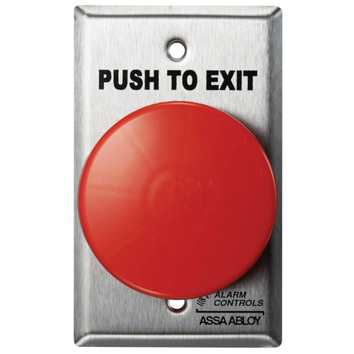 2-1/2" Red Mushroom Button, "PUSH TO EXIT", Pneumatic Time Delay, Single Gang, Satin Stainless Steel