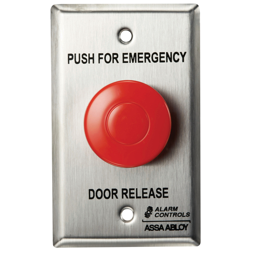 1-1/2" Blue Mushroom Button, "PUSH FOR EMERGENCY DOOR RELEASE", Latching