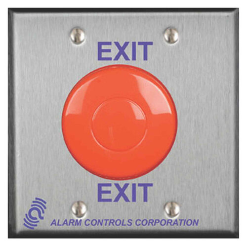 2-1/2" Red Mushroom Button, "PUSH TO EXIT", DPDT Momentary, Double Gang, Satin Stainless Steel