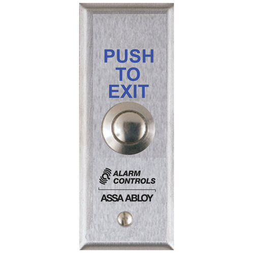 Alarm Controls TS-13 3/4" Dia. Metal Button, "PUSH TO EXIT", DPDT Momentary, Narrow Plate, Satin Stainless Steel