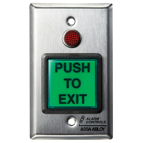 2" Green Square Button, "PUSH TO EXIT", DPDT w/Timer, Red LED, Single Gang, Satin Stainless Steel