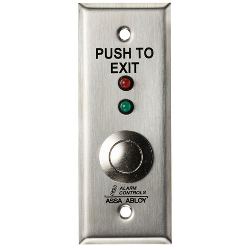 3/4" Dia. Metal Button, "PUSH TO EXIT", Momentary, Red/Green LEDs, Narrow Plate, Satin Stainless Steel