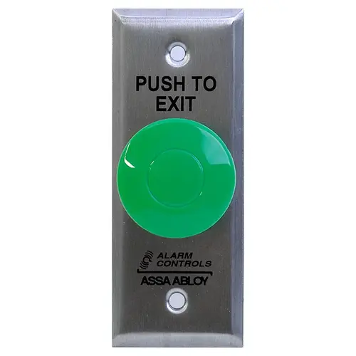 1-1/2" Green Mushroom Button, "PUSH TO EXIT", Pneumatic Time Delay, Narrow Plate, Satin Stainless Steel