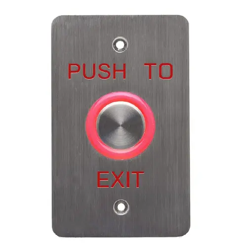 6600 Series Halo-Lighted Piezo REX Pushbuttons, Single Gang, "PUSH TO EXIT" Faceplate, 10-24 VDC Satin Stainless Steel