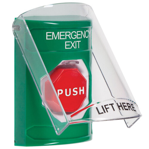 STI SS2122EX-EN Stopper Station, Green, Flush or Surface, Shield, Key-to-Reset, Illuminated, "EMERGENCY EXIT"English