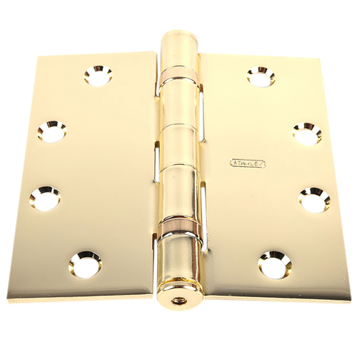 Five Knuckle Ball Bearing Architectural Hinge, Steel Full Mortise, Standard Weight, 4-1/2 In. by 4-1/2 In., Square Corner, Non-Removable Pin, Bright Brass