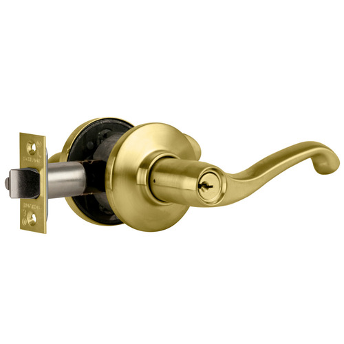 Tubular Lever Lock, Storeroom, Grade 2, Flair, LH, Adjustable, 2-3/8" or 2-3/4" Backset, Satin Brass x Bright Chrome