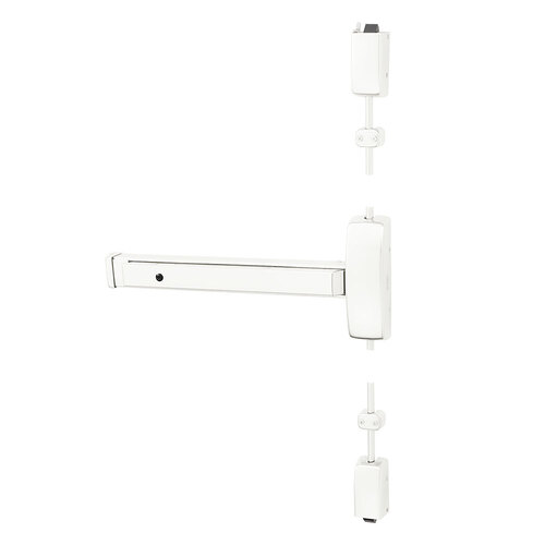 Grade 1 Surface Vertical Rod Exit Device, Wide Stile Pushpad, 32" Device, 120" Door Height, Classroom Function, F Lever with Escutcheon, Hex Key Dogging, Less Lexan Push Pad Touchbar, White Suede Powder Coat Finish, Right Hand Reverse White Suede Powder Coat