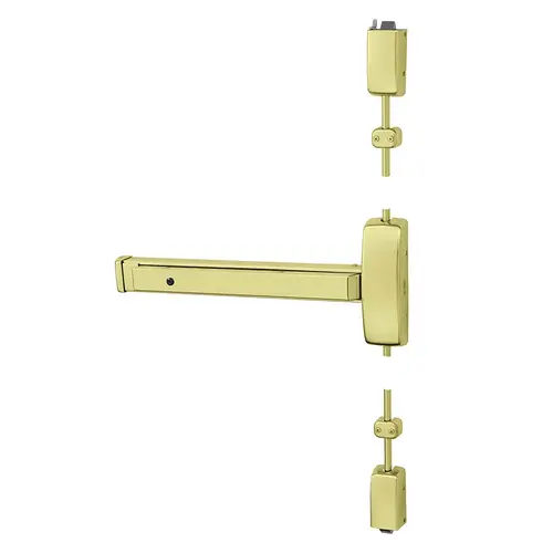 Grade 1 Surface Vertical Rod Exit Device, Wide Stile Pushpad, 32" Device, 120" Door Height, Dummy Function, B Freewheeling/Vandal Resistant Lever, Hex Key Dogging, Less Lexan Push Pad Touchbar, Bright Brass Finish, Right Hand Reverse Bright Brass