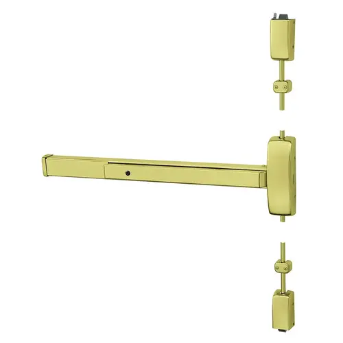 Grade 1 Surface Vertical Rod Exit Device, Wide Stile Pushpad, 36" Device, 120" Door Height, Passage Function, Hex Key Dogging, Less Lexan Push Pad Touchbar, Satin Brass Finish, Right Hand Reverse Satin Brass