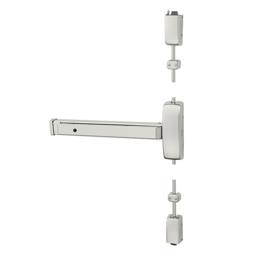 Grade 1 Surface Vertical Rod Exit Device, Wide Stile Pushpad, 32" Device, 120" Door Height, Passage Function, W Lever with Escutcheon, Hex Key Dogging, Less Lexan Push Pad Touchbar, Bright Stainless Steel Finish, Right Hand Reverse Bright Stainless Steel