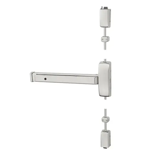 Grade 1 Surface Vertical Rod Exit Device, Wide Stile Pushpad, 32" Device, 120" Door Height, Passage Function, F Lever with Escutcheon, Hex Key Dogging, Less Lexan Push Pad Touchbar, Bright Stainless Steel Finish, Right Hand Reverse Bright Stainless Steel