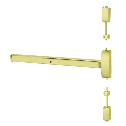 Grade 1 Surface Vertical Rod Exit Device, Wide Stile Pushpad, 42" Device, 120" Door Height, Dummy Function, L Lever with Escutcheon, Hex Key Dogging, Less Lexan Push Pad Touchbar, Bright Brass Finish, Left Hand Reverse Bright Brass