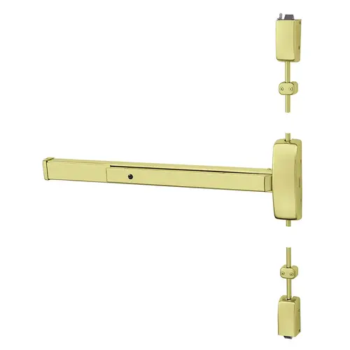 Grade 1 Surface Vertical Rod Exit Device, Wide Stile Pushpad, 36" Device, 120" Door Height, Passage Function, J Lever with Escutcheon, Hex Key Dogging, Less Lexan Push Pad Touchbar, Bright Brass Finish, Right Hand Reverse Bright Brass