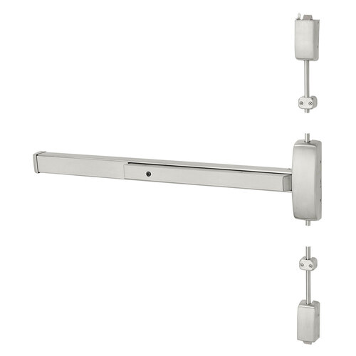 Grade 1 Surface Vertical Rod Exit Device, Wide Stile Pushpad, 48" Device, 120" Door Height, Classroom Function, F Freewheeling/Vandal Resistant Lever, Hex Key Dogging, Less Lexan Push Pad Touchbar, Satin Stainless Steel Finish, Right Hand Reverse Satin Stainless Steel