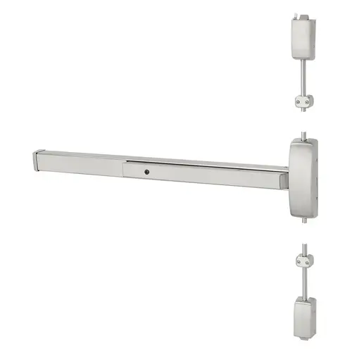 Grade 1 Surface Vertical Rod Exit Device, Wide Stile Pushpad, 48" Device, 120" Door Height, Dummy Function, F Lever with Escutcheon, Hex Key Dogging, Less Lexan Push Pad Touchbar, Satin Stainless Steel Finish, Right Hand Reverse Satin Stainless Steel