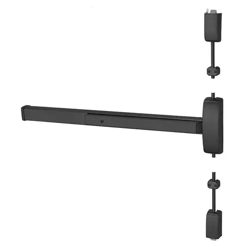 Grade 1 Surface Vertical Rod Exit Device, Wide Stile Pushpad, 48" Device, 120" Door Height, Passage Function, F Lever with Escutcheon, Hex Key Dogging, Less Lexan Push Pad Touchbar, Black Suede Powder Coat Finish, Right Hand Reverse Black Suede Powder Coat