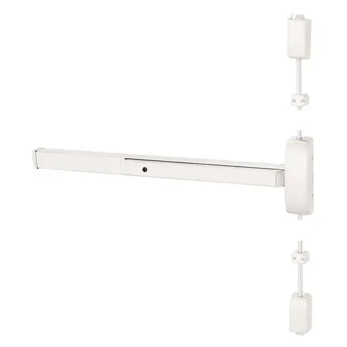 Grade 1 Surface Vertical Rod Exit Device, Wide Stile Pushpad, 42" Device, 120" Door Height, Classroom Function, L Lever with Escutcheon, Hex Key Dogging, Less Lexan Push Pad Touchbar, White Suede Powder Coat Finish, Right Hand Reverse White Suede Powder Coat