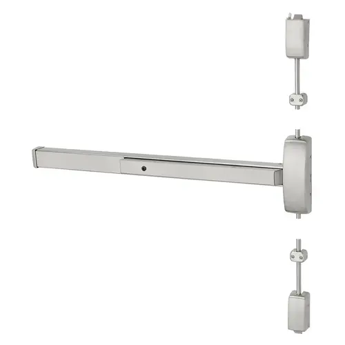 Grade 1 Surface Vertical Rod Exit Device, Wide Stile Pushpad, 42" Device, 120" Door Height, Classroom Function, F Freewheeling/Vandal Resistant Lever, Hex Key Dogging, Less Lexan Push Pad Touchbar, Bright Stainless Steel Finish, Right Hand Reverse Bright Stainless Steel