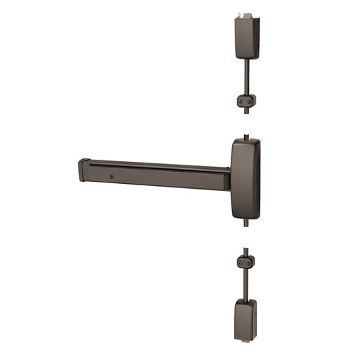 Grade 1 Surface Vertical Rod Exit Device, Wide Stile Pushpad, 32" Device, 120" Door Height, Dummy Function, W Lever with Escutcheon, Hex Key Dogging, Less Lexan Push Pad Touchbar, Dark Oxidized Bronze Finish, Left Hand Reverse Dark Oxidized Bronze