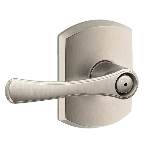 Avila Lever with Greenwich Rose Privacy Lock with 16080 Latch and 10027 Strike Satin Nickel Finish