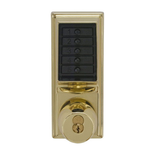 Sargent Pushbutton Cylindrical Knob Lock, Grade 1 Combination Entry Function with Key Override, Bright Brass Finish, Field Reversible, 2-3/4" Backset, 1/2" Throw Latch