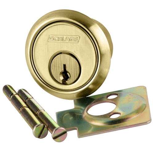 Satin Brass Rim Cylinder, 6-Pin, C Keyway, Keyed Different, Vertical Tailpiece Cam, 2 Keys, Non-handed