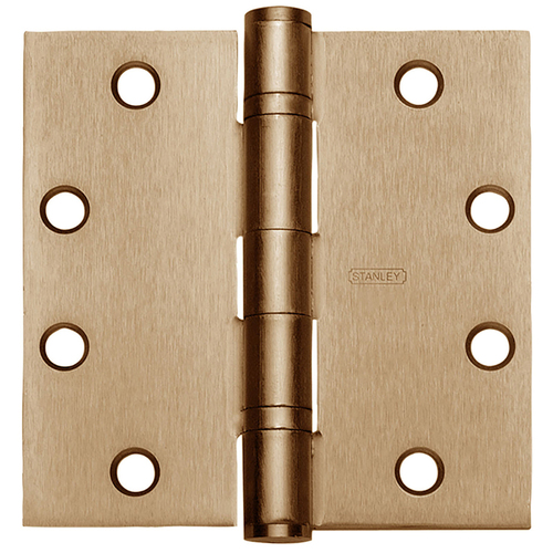 Five Knuckle Ball Bearing Architectural Hinge, Steel Full Mortise, Standard Weight, 4-1/2 In. by 4-1/2 In., Square Corner, Non-Removable Pin, Satin Brass