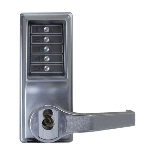 Pushbutton Cylindrical Lever Lock, Combination Entry/Passage Functions with Key Override, 2-3/4" Backset, 3/4" Throw Latch, SFIC Prep (Less Core), Satin Chrome Finish