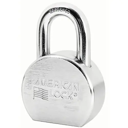 2-1/2" Wide Chrome Plated Solid Steel Body, 1-1/6" Tall 7/16" Diameter Boron Shackle, 5 Pin Cylinder, Solid steel round body padlock