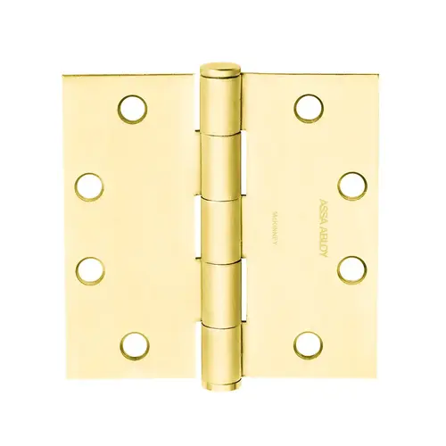 Full Mortise Hinge, 5-Knuckle, Standard Weight, 4" x 4", Square Corner, Non-Removable Pin, Bright Brass