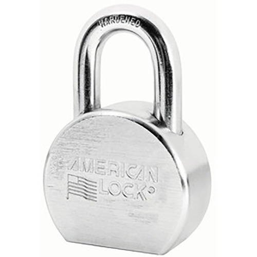 2-1/2" Wide Chrome Plated Solid Steel Body, 1-1/6" Tall 7/16" Diameter Boron Shackle, 5 Pin Cylinder, Keyed Alike Solid steel round body padlock