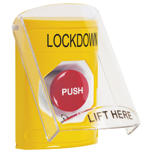 Stopper Station, Yellow, Flush or Surface, Shield, Turn-to-Reset, "LOCKDOWN"English