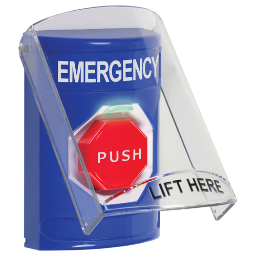 Stopper Station, Blue, Flush or Surface, Shield, Turn-to-Reset, Illuminated, "EMERGENCY"English