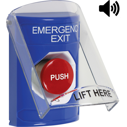 STI SS24A1EX-EN Stopper Station, Blue, Flush or Surface, Shield w/Sound, Turn-to-Reset, "EMERGENCY EXIT"English