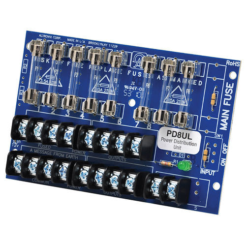 UL Listed Power Distribution Module, 12/24VDC up to 10A Input, 8 Fused Outputs up to 28VAC/DC