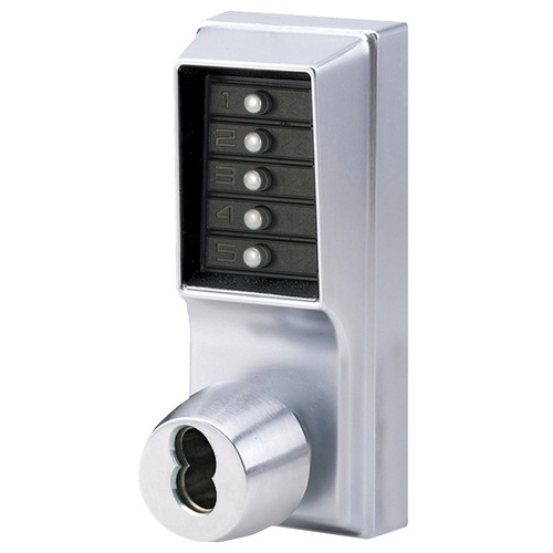 Grade 1 Pushbutton Cylindrical Knob Lock, Combination Entry with Key Override, 2-3/4" Backset, Satin Chrome Finish