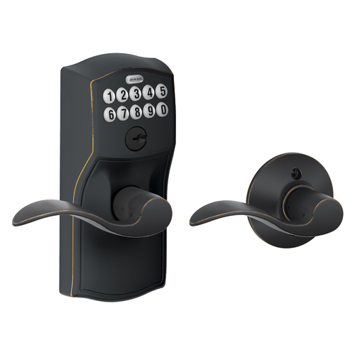 Schlage Residential FE575 CAM716ACC Camelot with Accent Lever Keyed Entry Auto Lock Electronic Keypad with 16211 Latch and 10063 Strike Aged Bronze Finish