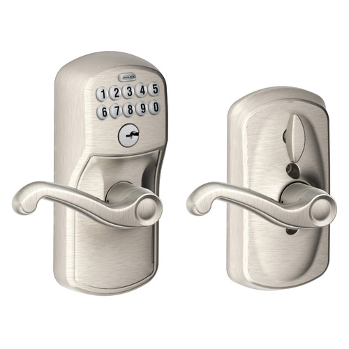 Schlage Residential FE595 PLY619FLA Plymouth with Flair Lever Entry Flex Lock Electronic Keypad with 16211 Latch and 10063 Strike Satin Nickel Finish