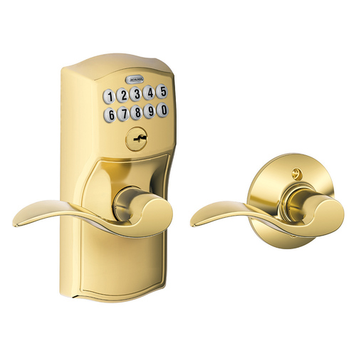 Schlage Residential FE575 CAM505ACC Camelot with Accent Lever Keyed Entry Auto Lock Electronic Keypad with 16211 Latch and 10063 Strike Lifetime Brass Finish