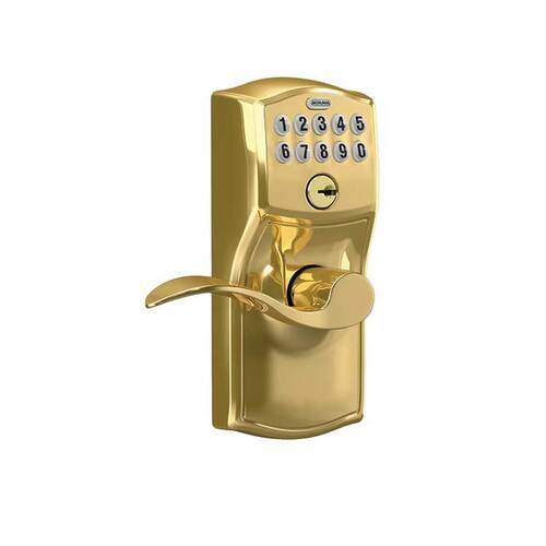 Camelot with Accent Lever Entry Flex Lock Electronic Keypad with 16211 Latch and 10063 Strike Lifetime Brass Finish