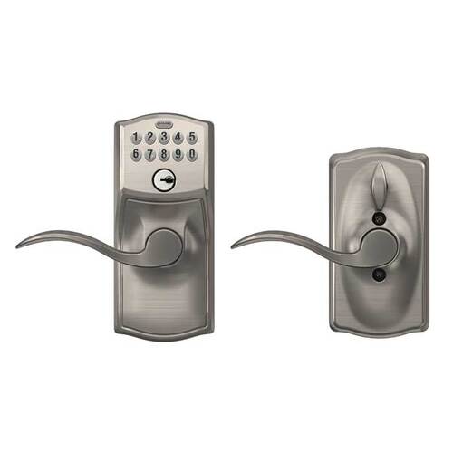 Camelot with Accent Lever Entry Flex Lock Electronic Keypad with 16211 Latch and 10063 Strike Satin Nickel Finish